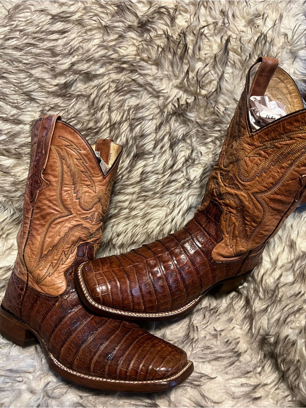 D B Men's Brown Exotic CAIMAN & LEATHER Western Boots Sz 11 D